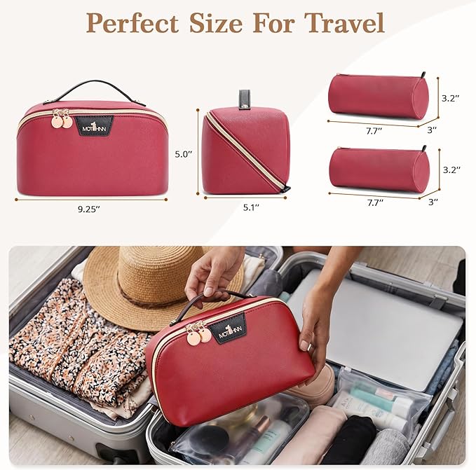 Travel Makeup Bag for Women: 3-in-1 Large Capacity Cosmetics Organizer with 2 Detachable Pouch - Vegan Leather Flat Open Toiletry Bag - Portable Travel Essentials for Full-Sized Bottles(Red)