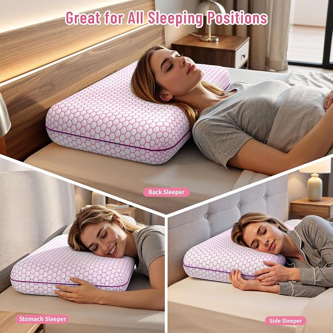 CushyOasis Memory Foam Pillows for Side, Back and Stomach Sleepers, Set of 2, Bed Pillow with Washable Cover and Breathable Mesh, Bed Pillow for Sleeping (Pink，King Size)