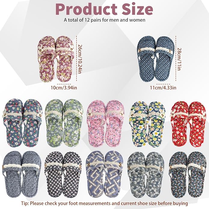 12 Pairs Floral Cotton House Slippers Washable Indoor Cotton Slippers Open Women Toe for Airplane Travel Hotel Guest Spa,2 Sizes