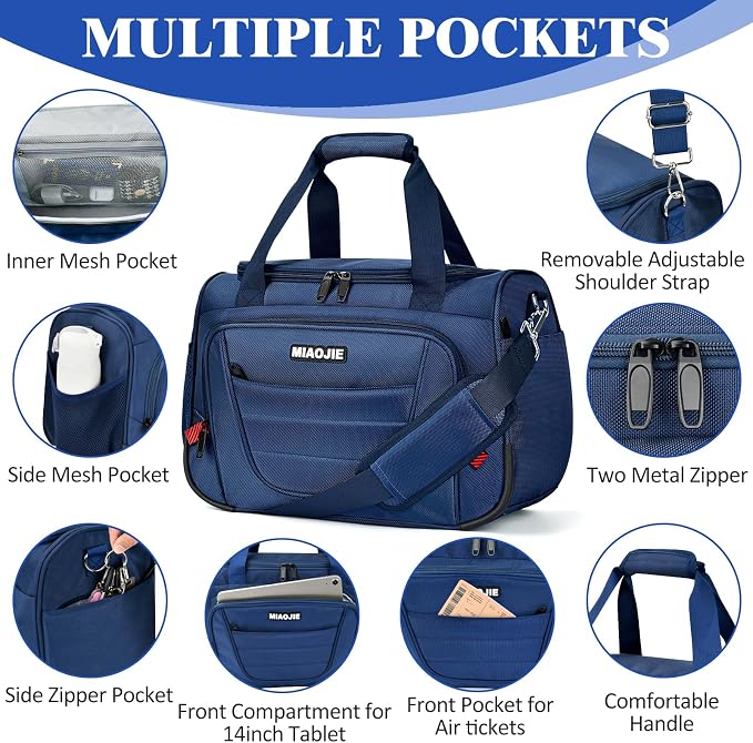 Underseat Carry On luggage Bag Airplanes Personal Item Bags Weekender Overnight Travel Tote Bag Shoulder Small Softside Carry on Luggage Travel Duffel Bags For Men Women -18 IN Navy Blue