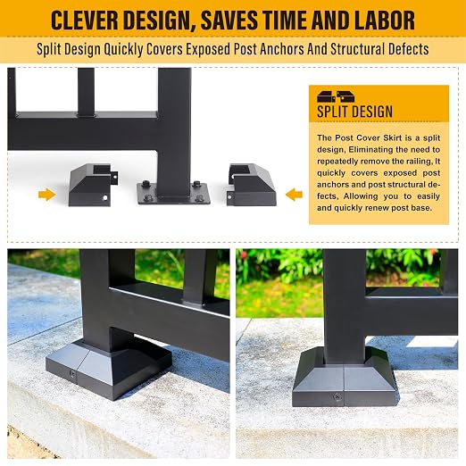 2" Split Type Base Cover, Decorative Skirt for Indoor/Outdoor Iron Deck Railing, Stair Post (2Pack-Black)