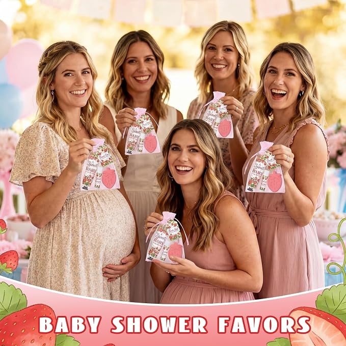 Loopeer 30 Set/150 Pcs Strawberry Baby Shower Favors for Guests Gifts Hand Cream Lip Balm Soap Party Favors Travel Size with Bags, Thanks You Card for Games Prizes Souvenirs