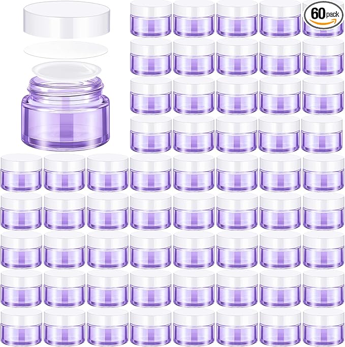 Domensi 60 Pcs 1oz Glass Jars with Lids Bulk Small Glass Salve Tins Cream Container Cosmetic Jars for Travel Balm with Inner Liners for Sample Cream (Light Purple,White Lids,Plastic Lid)