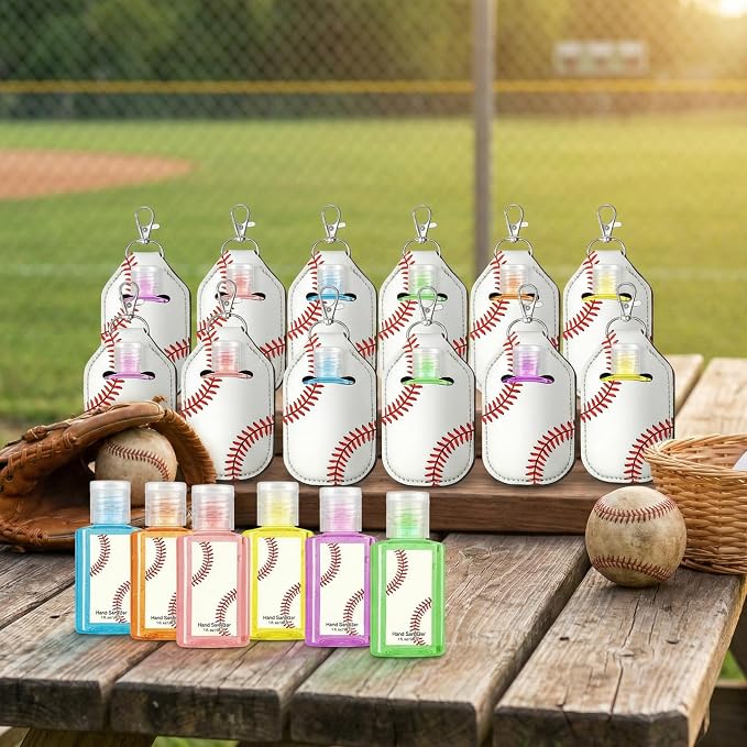 Frienda 48 Pack Baseball Party Favors Set 24 Pcs Mini Hand Sanitizers and 24 Pcs Keychain Holders Travel Size Sanitizers for Baseball Players Coaches Fans Gifts for Team Sports Party Supplies