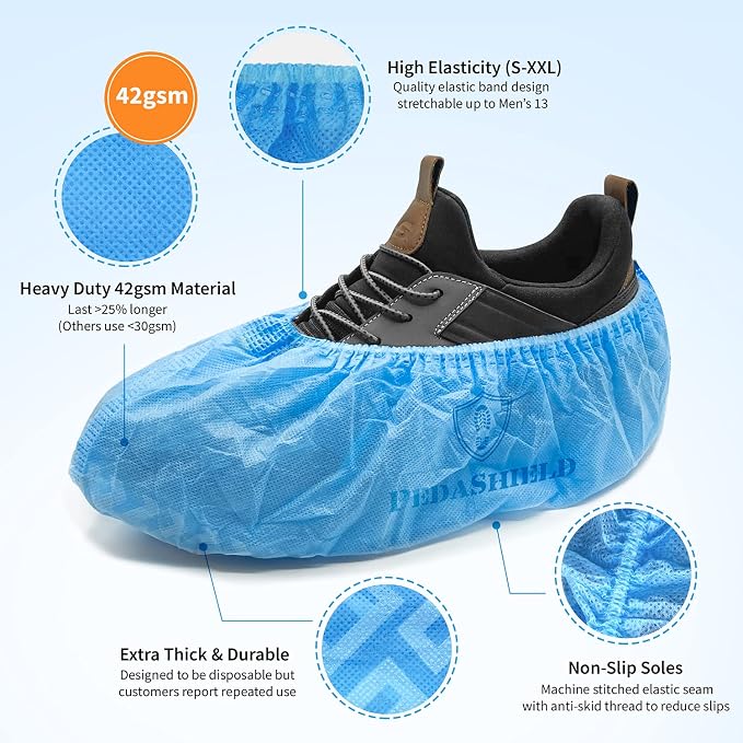 22 Premium XL Booties -Thick Extra Large Disposable Boot & Shoe Covers, Non Slip Water Resistant Foot Protectors, Construction Durable 42GSM for Indoors Outdoors, Up to US Men 13, Women 15