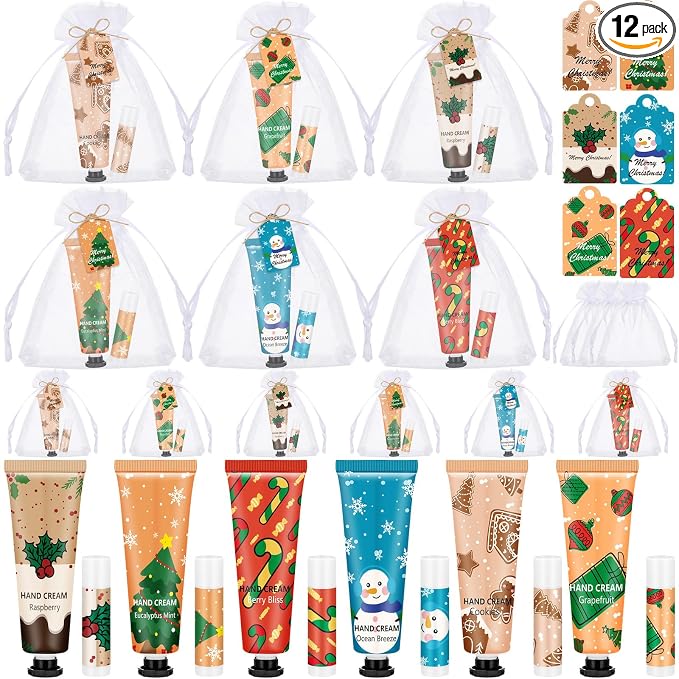 Loopeer 12 Sets/48 Pcs Christmas Hand Cream and Lip Balm Gift Set for Women Bulk Mini Hand Lotion Travel Size for Dry Skin Stocking Stuffers with Greeting Card Organza Bags for Coworker Employee