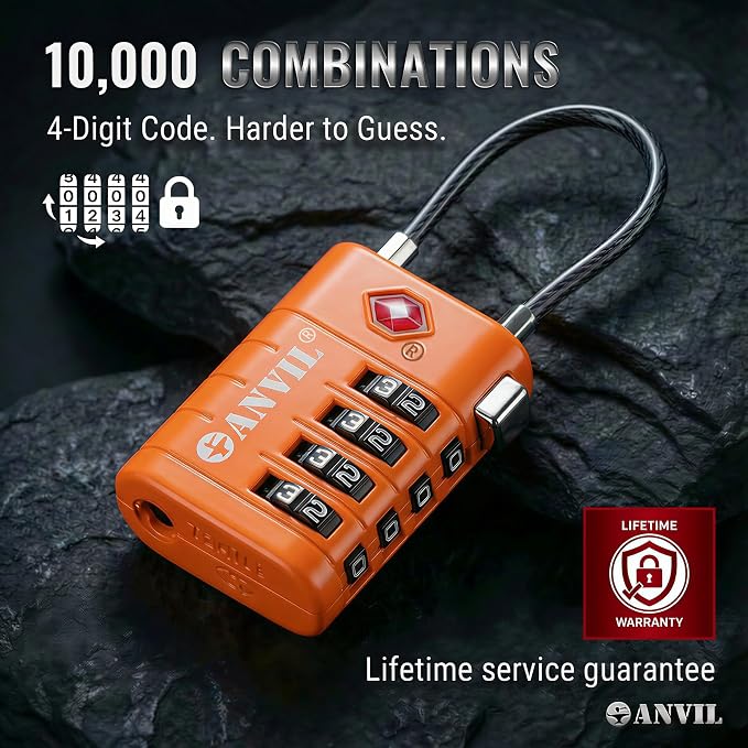 ANVIL TSA Approved Luggage Locks with Search Alert Indicator, 4-Digit Combination Suitcase Lock, Advanced TSA008 Core Heavy Duty Anti-Theft Travel Lock for Double Zippers, Backpacks