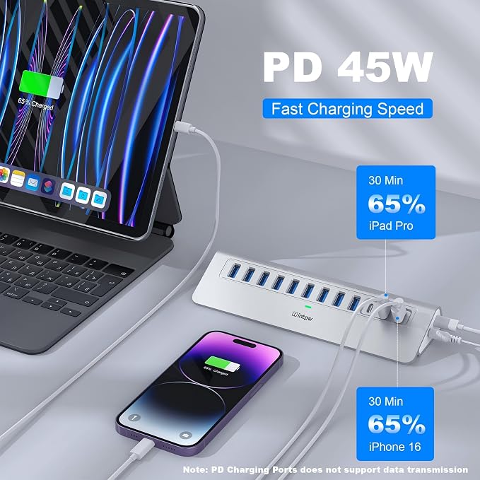 Powered USB Hub 10Gbps, intpw 12-Port USB 3.2 Hub with USB A/USB C 3.2, 7 USB 3.0, 2 PD 45W Charging Port, 65W Power Adapter and 5FT Cable, Aluminum USB Hub for Laptop, iPhone 17/16/15/PC