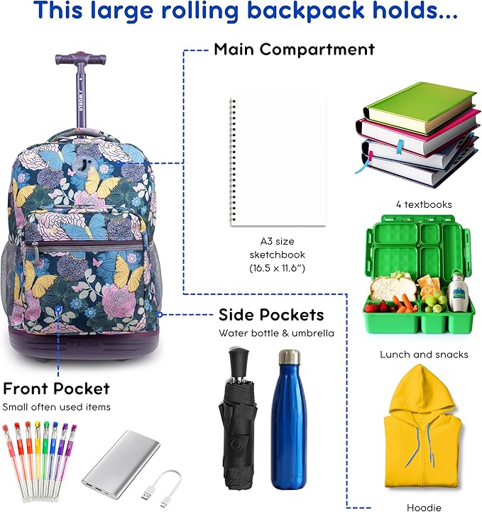 J World Sunrise Kids Rolling Backpack for Girls Boys. Roller Bookbag With Wheels For School, Secret Garden
