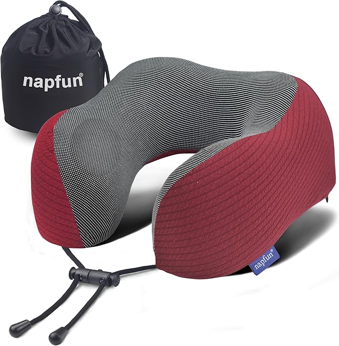napfun Neck Pillow for Traveling, Upgraded Travel Neck Pillow for Airplane 100% Pure Memory Foam Travel Pillow for Flight Headrest Sleep, Portable Plane Accessories, Burgundy