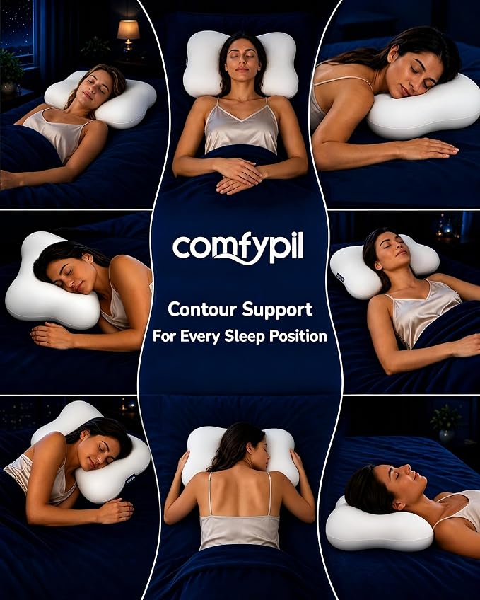 Cervical Pillow for Neck Pain Relief, Ergonomic Contour Memory Foam Pillow for Side Back Stomach Sleepers, Deep Sleep Pillow for Cloud-Soft Shoulder Support with Cooling Pillowcase, White