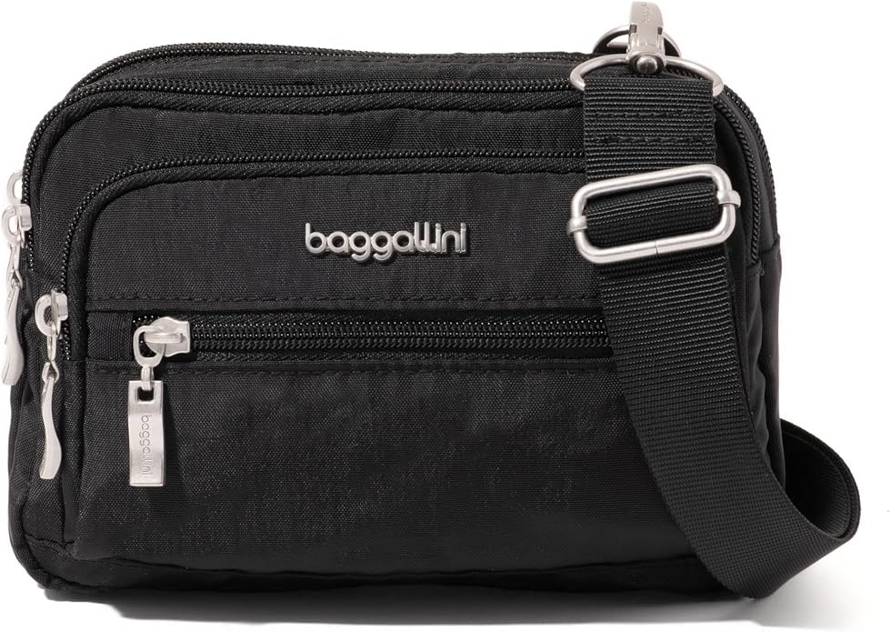 Baggallini Triple Zip Small Crossbody Bag for Women - Lightweight Convertible Fanny Pack Belt Bag