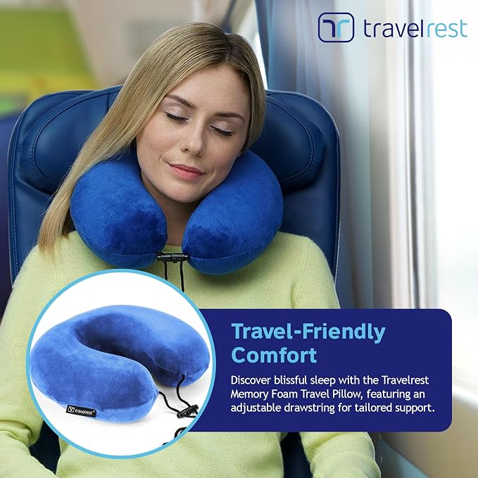 travelrest Neck Pillow Travel Essential - Memory Foam, Washable Micro-Fiber Cover Pillow, Soft and Comfortable Head Support for Long Flights, Compact, Attaches to Luggage, Airplanes, Cars, Bus - Blue