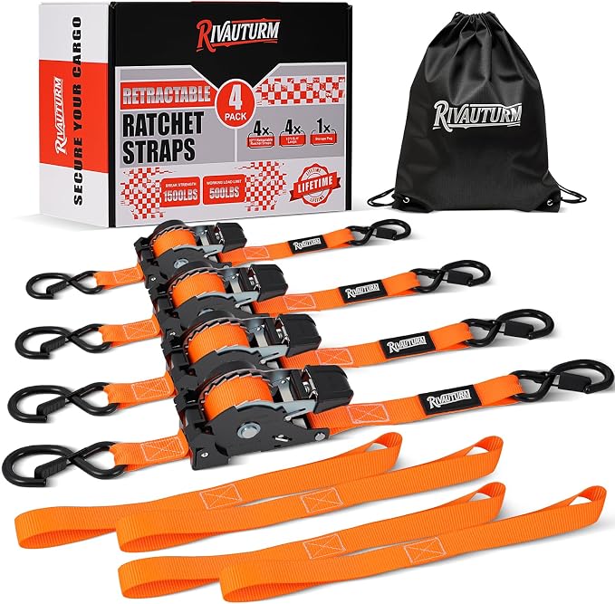 4 Pack Retractable Ratchet Straps with S Hooks, 1 Inch x 12 Feet(1500LBS Break Strength) Heavy Duty Auto Self Retracting Tie Down Straps for Truck, Cargo Trailer, Motorcycle, ATV, UTV & More -Orange