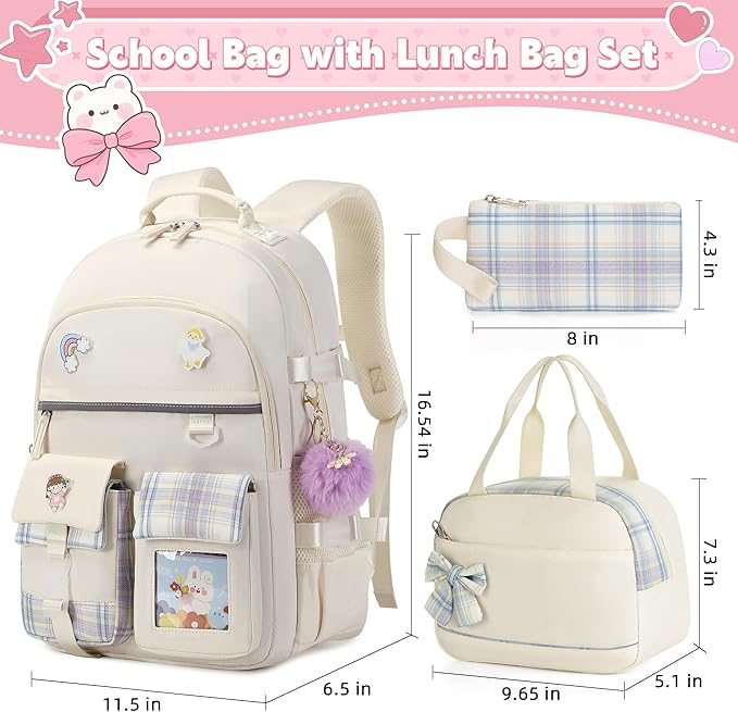 Backpack for Girls 15.6 Inch Laptop School Bag Kids Elementary College 3pcs Backpacks Lunch box Pencil Case Set Bookbags for Girls Teen Women Student Beige