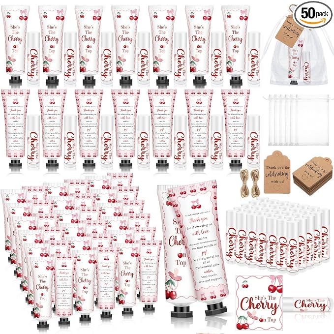 50 Sets 200 Pcs Baby Shower Gifts Bulk Hand Lotion and Lip Balm Party Favors Cherry Theme Travel Size Hand Lotion and Lip Balm with Organza Bags Tags