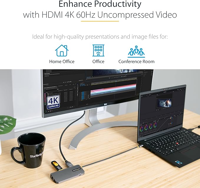 StarTech 6-in-1 USB-C Hub for Monitors, 4K 60Hz HDMI Video, HDR10, Gigabit Ethernet, USB 5Gbps Hub, 100W Laptop Charging with Cable Management for MacBook M1 M2 M3 M4 and Windows