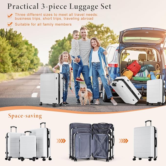 Sweetcrispy 3 Piece Luggage Set, Hard Shell ABS Travel Suitcase with Silent Spinner Wheels, TSA Combination Lock, Lightweight Rolling Suitcases for Business Trip Vacation, White, 20/24/28 Inch
