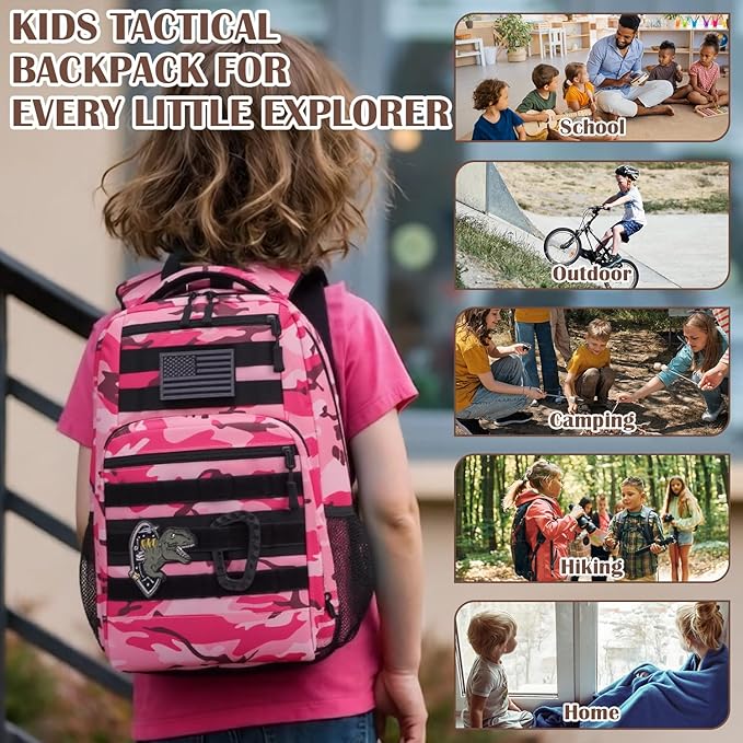 Kids Tactical Backpack Army Molle Bookbag Military Boys Backpack for School, Outdoor, Camping, Pink CM