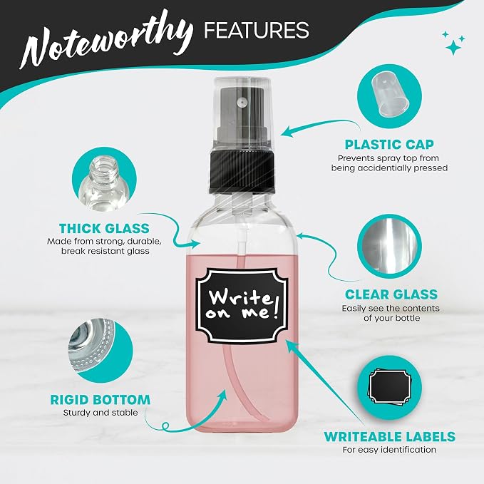 Nevlers Clear Glass Small Spray Bottle 2 Oz 48 Pack Body Spritzer Bottles | Mini Travel Spray Bottle Set with Funnel, Brush, Marker & Labels | Small Atomizer Mist Bottles for Perfume, Face & Hair
