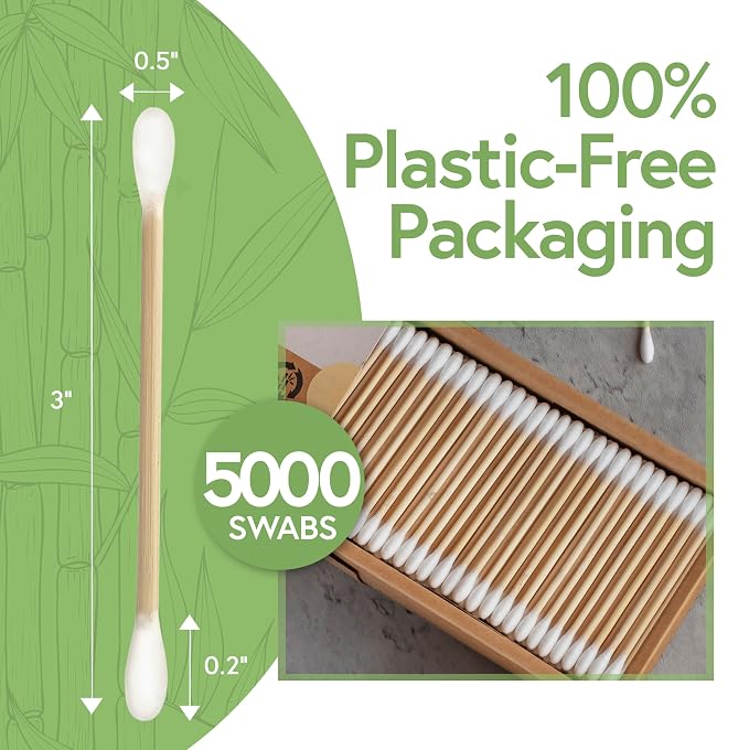 100% Bamboo Cotton Swabs for Ears (5000-Pack) - Perfect for Baby & Personal Care | Double-Tipped Ear Swab Cotton for Makeup & Cleaning | FSC Certified & Hypoallergenic, Made for All Ages & Pet