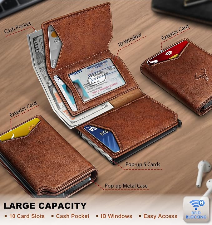 BULLIANT Men Wallet Leather Wallet Card Holders Money Clip for Men 10Cards-Magnetic Flip on Metal Case