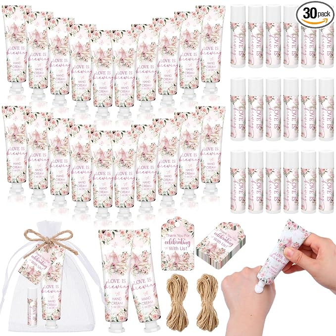 Loopeer 30 Sets Love Is Brewing Bridal Shower Hand Cream and Lip Balm Gift Bridal Shower Party Favors Thank You Gift for Guest Travel Size Wedding Party Supplies (Pink Floral)