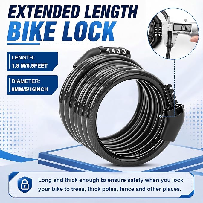 Hotop 6 Feet Bike Lock Cable with Combination, Coiled Preset Bike Lock High Security 4 Digit Bicycle Locks Anti Theft Bikes Accessories Black Bicycle Cable Locks, 5/6 Inch Diameter(10 Pcs)