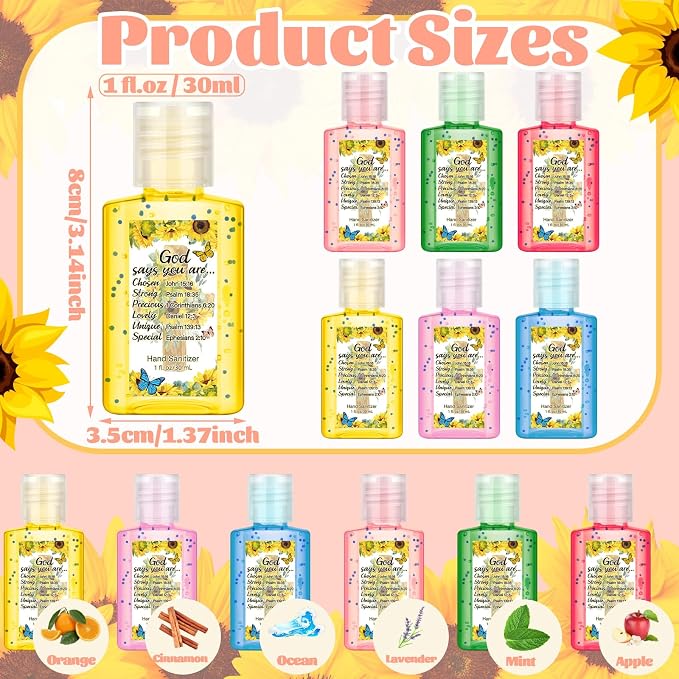 Frienda 24 Pcs Christian Scented Hand Sanitizer with 24 Keychain Holders Gift Set for Women, 1oz Bible Verse Religious Gifts, Mother's Day Appreciation Gifts for Church Favors
