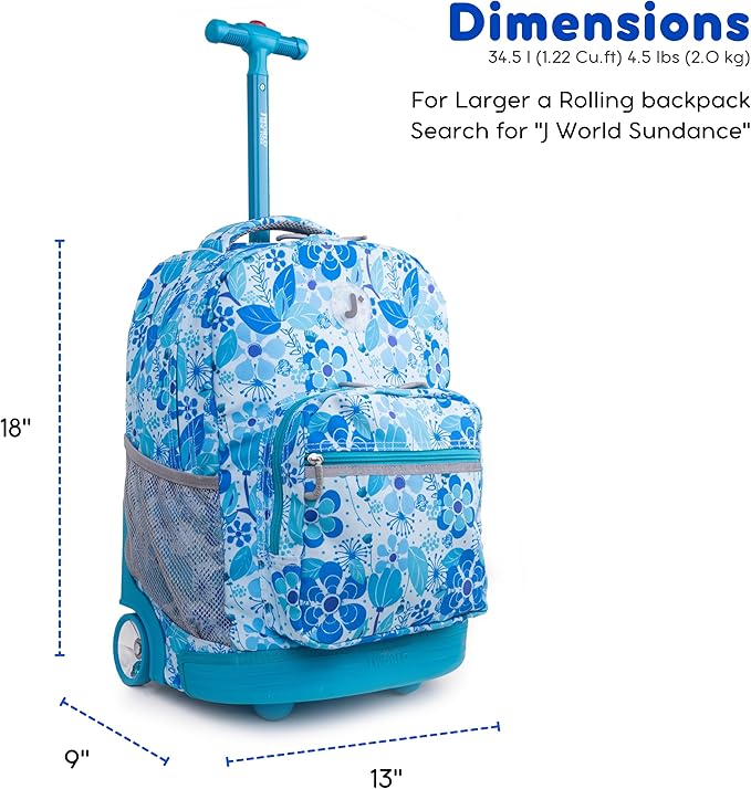 J World Sunrise Kids Rolling Backpack for Girls Boys. Roller Bookbag With Wheels For School, Blue Vine
