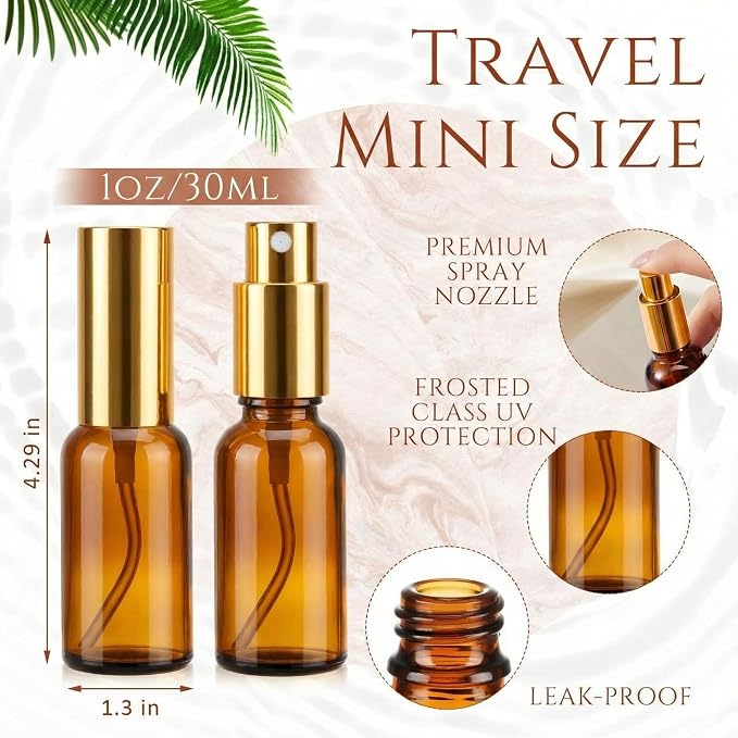 Roshtia 30 Pcs Glass Spray Bottle Clear Empty Bottles Small Refillable Reusable Perfume Bottle with Fine Mist Sprayer Pump for Face Body Travel(1 oz,Amber)