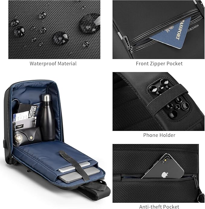Kingsons Laptop Sling Backpack Anti Theft Bag,Hiking Daypack 13 Inch Waterproof Nylon Travel Bags for Men, Single Shoulder Camping Dayback with USB Charging Port for Traveling