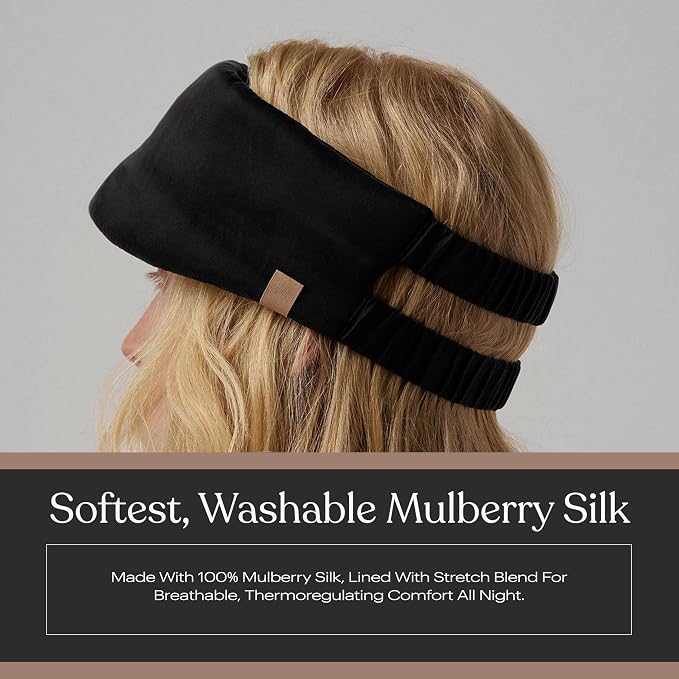 Lunya Weighted Silk Sleep Mask – Mulberry Silk Eye Cover with Cooling Glass Beads, Noise-Reducing Fit, Washable Fabric, and Travel Pouch – Sleeping Mask for Men and Women - Black – Large