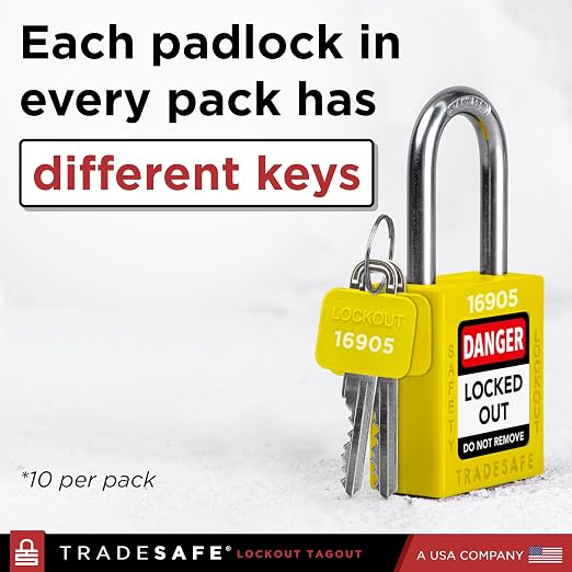 TRADESAFE Lockout Tagout Locks Set - 10 Yellow Loto Locks, Lockout Locks Keyed Different, 2 Keys Per Lock, OSHA Compliant Lock Out Tag Out Padlocks, Safety Padlocks for Electrical Lockout Tag Out Kits