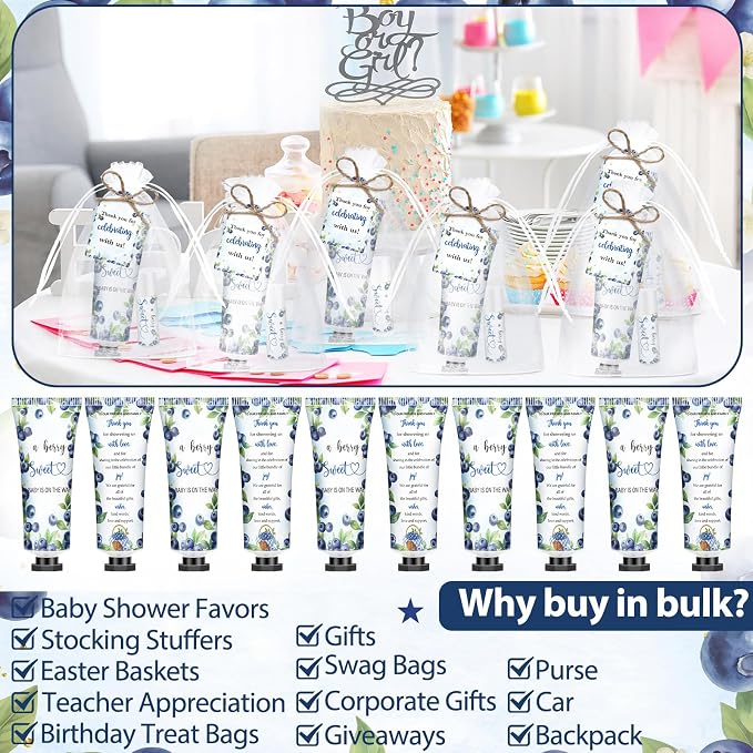 50 Sets 200 Pcs Blueberry Baby Shower Gifts Bulk Hand Lotion and Lip Balm Party Favors a Berry Sweet Is on the Way Theme Travel Size Hand Lotion and Lip Balm with Organza Bags Tags