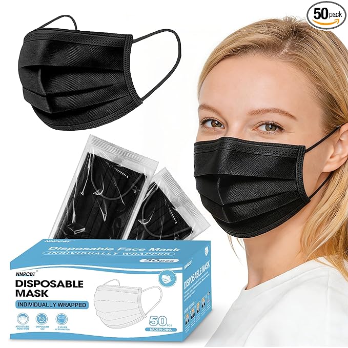 NNPCBT Black Individually Wrapped Masks 50pcs, Disposable Face Masks for Adults, 3 Ply Breathable Face Mask Black Indoor Outdoor