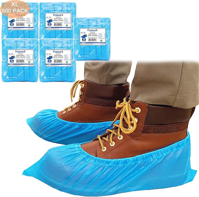 ProtectX Disposable Shoe & Boot Covers, XL Extra Large, 500-pack (250 pairs), Waterproof, Slip Resistant, Durable CPE plastic, Fits up to Men’s 14 US Size and All Women’s US Size Shoes