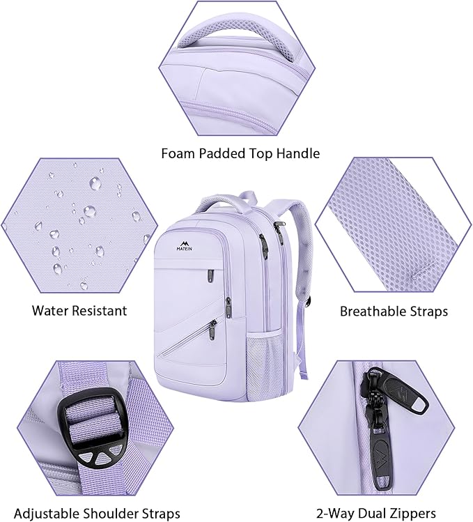 MATEIN Extra Large Laptop Backpack for Women, 50 L TSA Carry On with Multiple Organized Pockets, Anti Theft Water Resistant Travel Laptop Backpack Fits 18.4 In Computer, Light Purple