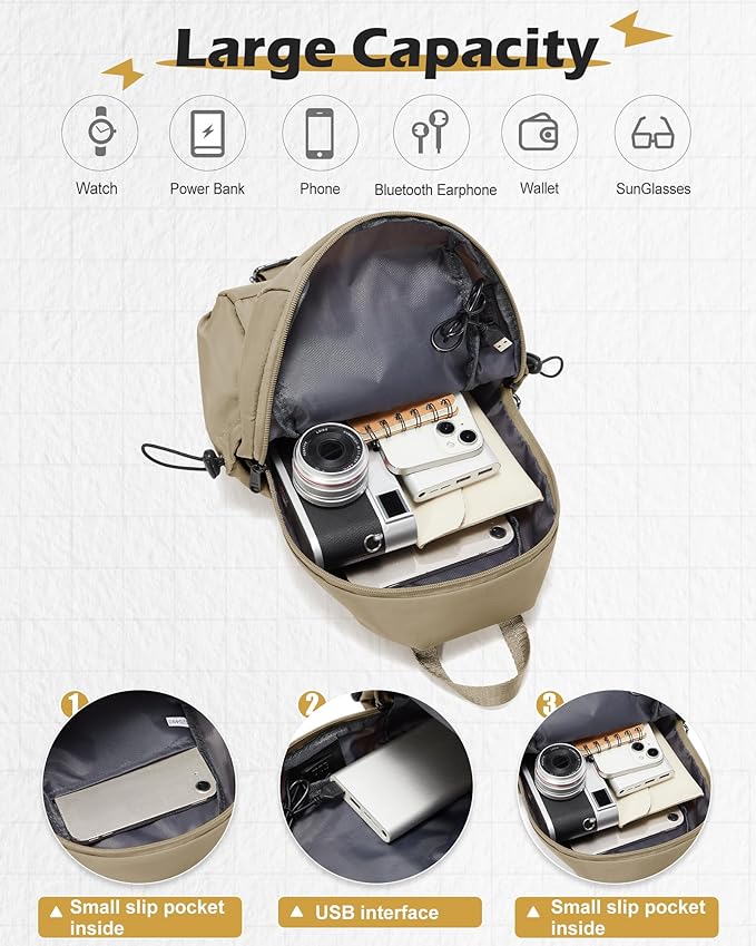 SEAFEW Brown Sling Crossbody Bag for Men Women, Tactical Backpack Shoulder Daypack Mini Anti-Theft Cross Body Motorcycle Chest Bags, Small One Strap Fanny Back Pack for Casual Travel Hiking Sport Gym