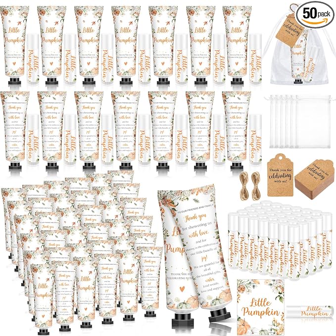 50 Sets 200 Pcs Baby Shower Hand Lotion and Lip Balm Gift Theme Baby Shower Party Favors Travel Size Hand Lotion and Lip Balm Bulk with Organza Bags Tags (Little Pumpkin)