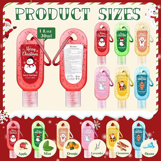24 Packs Christmas Hand Sanitizers Keychains Gifts Travel Size Mini Hand Sanitizer Gel Bulk with Keychains 1oz Christmas Party Favors Treat Goodie Bags Stocking Stuffers Gift Homeless Supplies