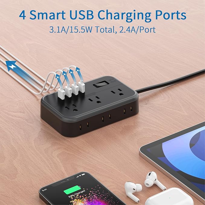 NTONPOWER 6 Widely Spaced Outlet(2 Side) Power Strip with 4 USB Ports, Extension Cord 15 Ft