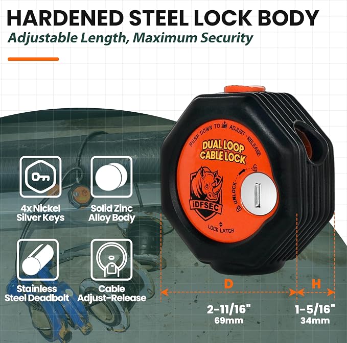 Heavy Duty Adjustable Cable Lock - 5' x 1/2" Security Cable with Dual Cinch, 4 Keys, All-Weather Protection for Bikes, Scooters, ATVs, Generators, Ladders, Tools & Outdoor Equipment