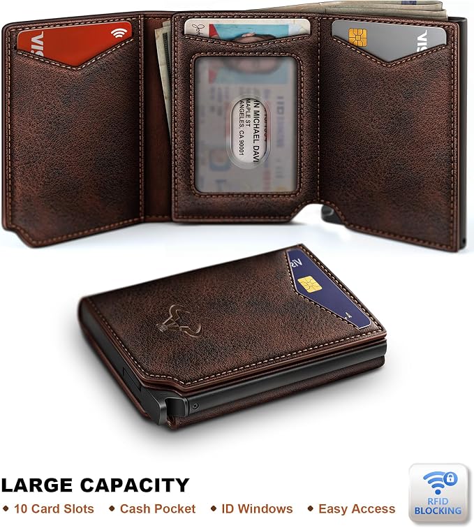 BULLIANT Men Wallet Leather Wallet Card Holders Money Clip for Men 10Cards-Magnetic Flip on Metal Case