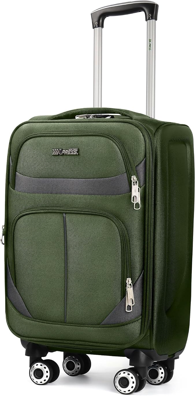 24'' Softside Expandable 15% Rolling Luggage with Double Spinner Wheels & w/LOCK,Lightweight Travel Luggage for Men Women（Green-Grey,24in）