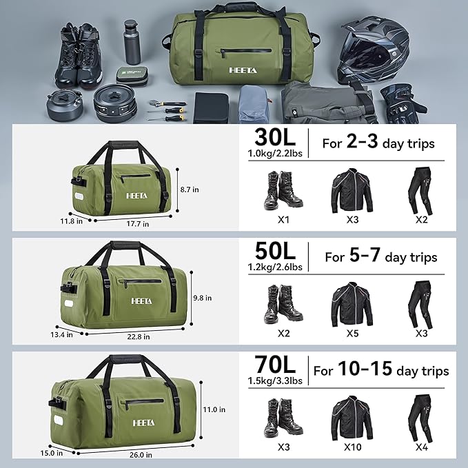 HEETA Waterproof Motorcycle Dry Bag, Waterproof Duffel Luggage Travel Bags with Zippered Closure & Pocket, Shoulder Straps, Large Space for Motorcycling Camping Commuting Boating (Green, 30L)