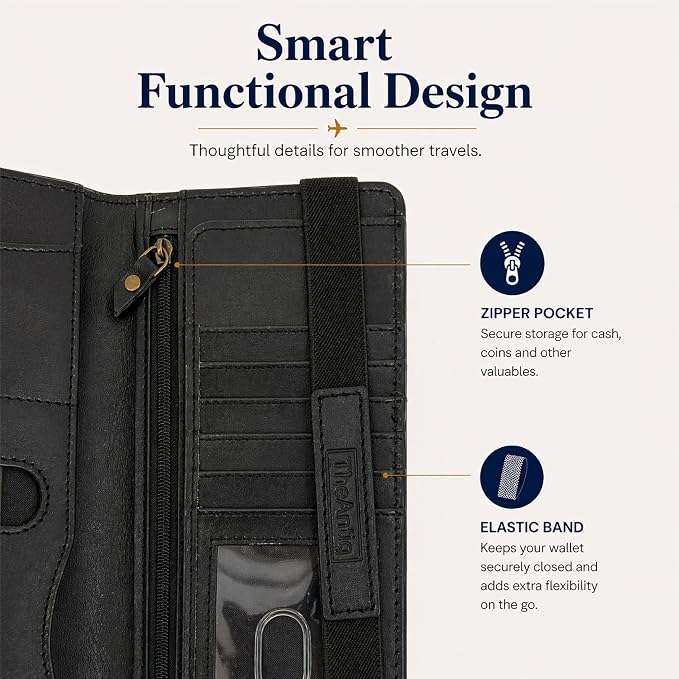 Black Leather Long Passport Wallet - Travel Document Organizer with Card Slots ID Window Zipper Pocket Slim Passport Holder for Travel & Everyday Use, 5 x 9
