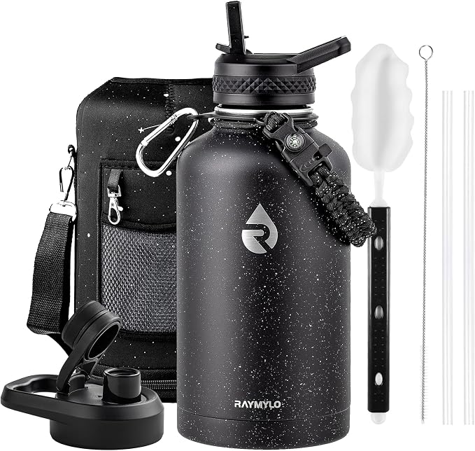 RAYMYLO Insulated Water Bottle 64 oz, Triple Wall Vacuum Stainless Steel (Cold for 48 Hrs), Leak Proof & Non-BPA, Half Gallon Water Flask Jug with Paracord Handle & Straw Spout Lids