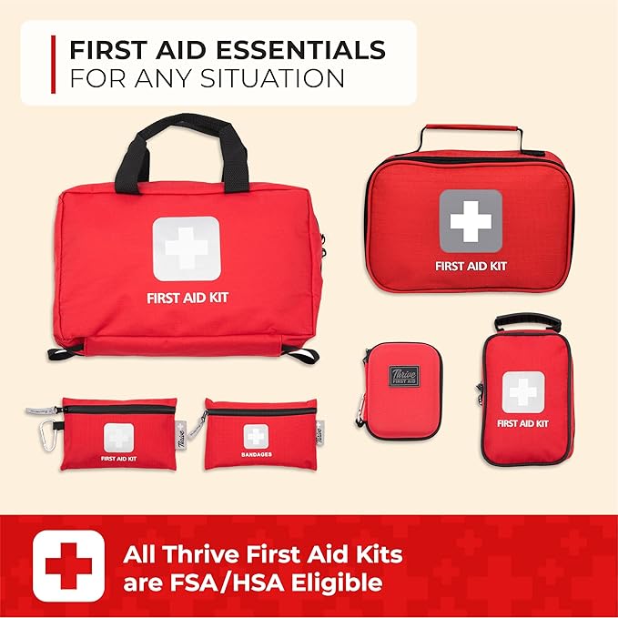 Thrive Mini First Aid Kit - Compact Travel Essentials Pack - Waterproof Camping Essentials Set - Portable Car First Aid Kit & Hiking Supplies Pouch - 66-Piece Set, Red Shell Case
