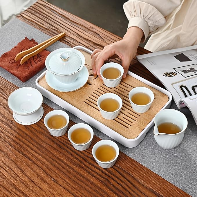 Chinese Tea Set, Gaiwan Tea Set with 6 Cups, Chinese Gongfu Teaset, Gold-plated Edge Craftsmanship(GaiwanB 6cups)